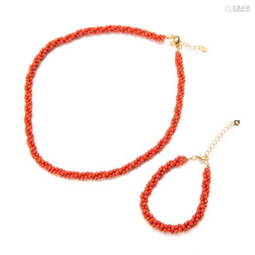 CORAL SEED BEAD NECKLACE AND BRACELET