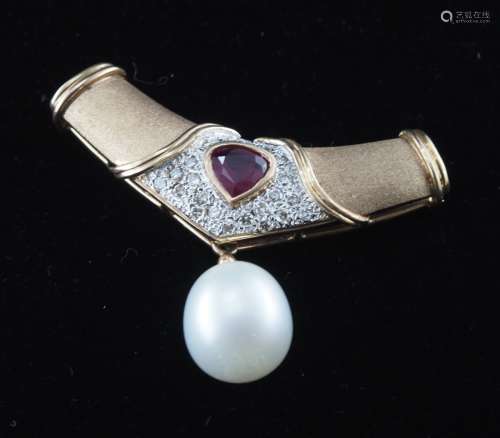 Natural cultured  pearl, ruby and diamond pendant