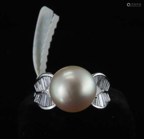 Natural cultured pearl and diamond ring