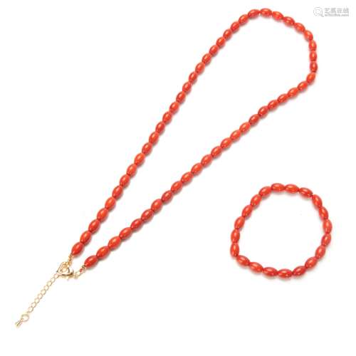 CORAL BEAD NECKLACE AND BRACELET