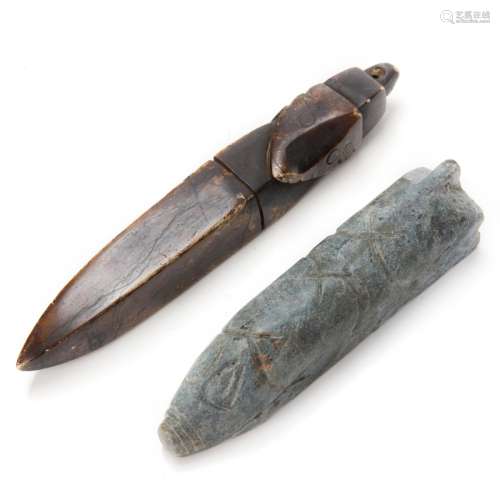 TWO JADE, POINTED CARPENTERS TOOL AND PIG
