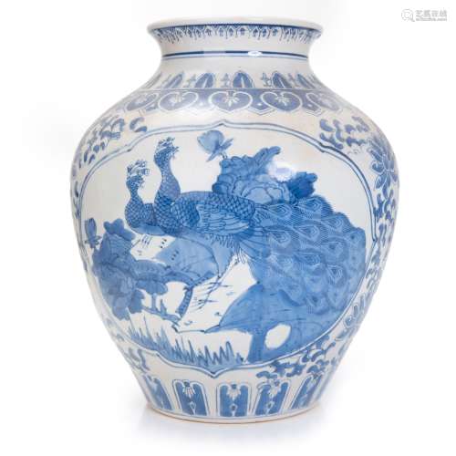 CHINESE BLUE AND WHITE PEACOCK JAR