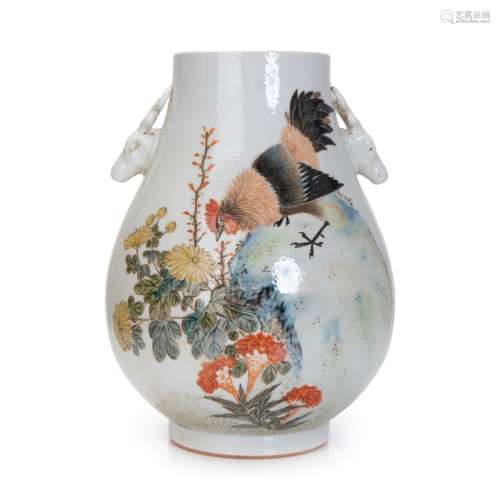 CHINESE FAMILLE ROSE DEER HANDLE VASE