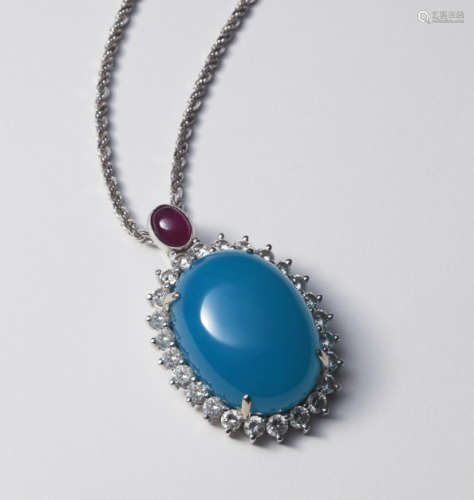 Natural blue chalcedony, diamond and ruby pendant