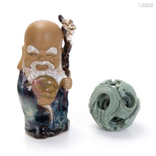 CHINESE SHOU FIGURE AND STONE PUZZLE BALL