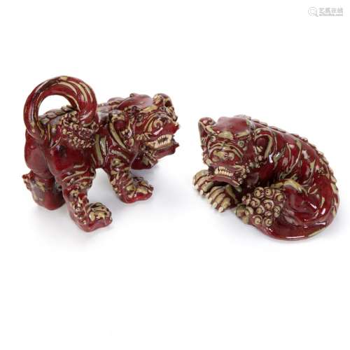 PAIR OF CHINESE RED-GLAZED FOU LIONS