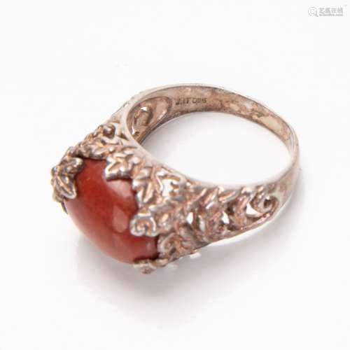SILVER AND RED HARD STONE CABUCHON  RING
