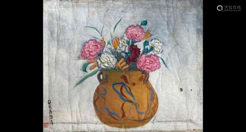 Huile sur toile "Oeillets" dans un vase, signé en ...