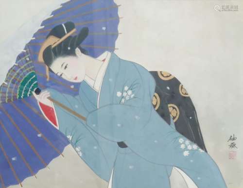 Peinture représentant une Geisha penchée, tenant une ombrell...