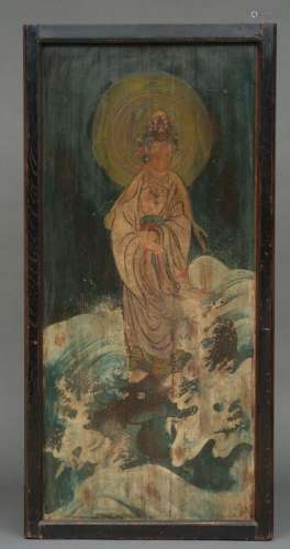 Grand ooema en bois  avec une image peinte du bodhisattva Ka...