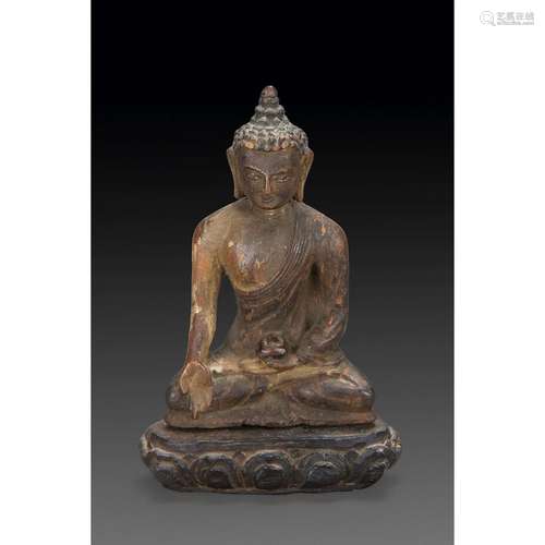 PETITE STATUETTE DU BOUDDHA SHAKYAMUNIen bois anciennement l...