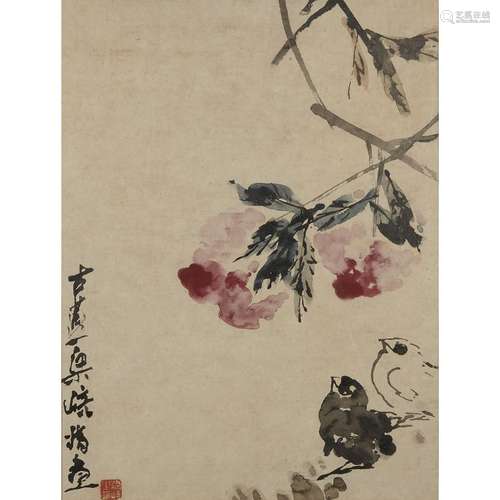 LIANG QI (1906-1996)Fleurs et poussinsPeinture à l’encre et ...