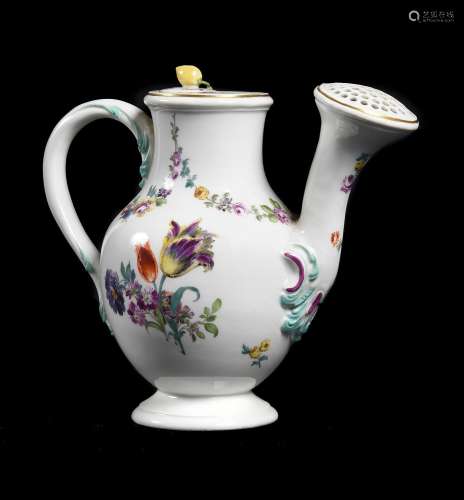 A MEISSEN MODEL OF A WATERING CAN AND COVER, MID 18TH CENTUR...