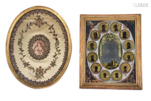 AN UNUSUAL FRENCH VERRE ÉGLOMISÉ FAMILY PORTRAIT MIRROR, EAR...