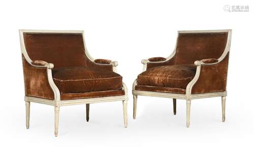 A PAIR OF LOUIS XV/XVI TRANSITIONAL CREAM PAINTED AND UPHOLS...