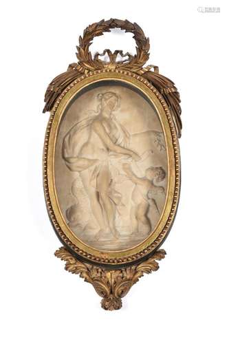 A CARVED WHITE MARBLE PLAQUE OF 'VENUS AND CUPID' PROBABLY I...