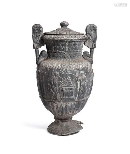 A LARGE TWIN HANDLED LEAD GARDEN URN, POSSIBLY FRENCH, LATE ...