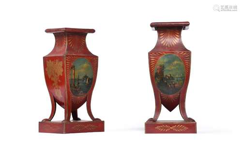 A PAIR OF TOLE PEINTE RED AND GILT GROUND URNS PROBABLY DUTC...