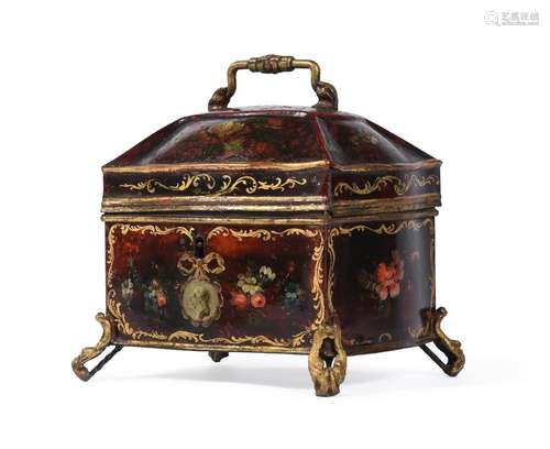 A CONTINENAL TOLE PEINTE TEA CADDY OF BAROQUE FORM, EARLY 19...