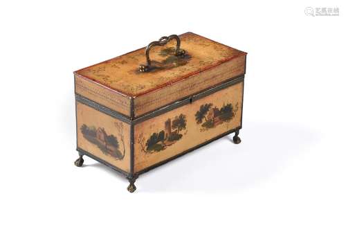 A RARE GEORGE III PONTYPOOL TOLE PEINTE TEA CADDY, CIRCA 179...