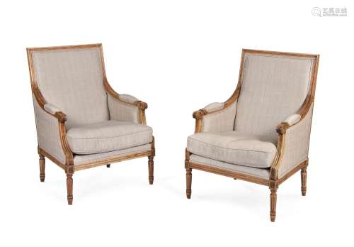 A SET OF FOUR FRENCH OAK FAUTEUILS, IN LOUIS XVI STYLE, OF R...