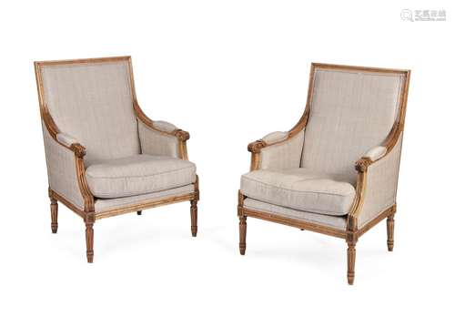 A SET OF FOUR FRENCH OAK FAUTEUILS, IN LOUIS XVI STYLE, OF R...