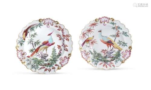 A PAIR OF CHELSEA PORCELAIN POLYCHROME PLATES PAINTED WITH E...