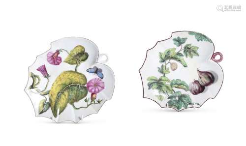 TWO CHELSEA PORCELAIN LEAF-SHAPED DISHES OF HANS SLOANE TYPE...
