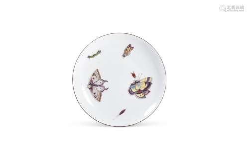 A CHELSEA SAUCER DISH PAINTED WITH INSECTS, CIRCA 1756