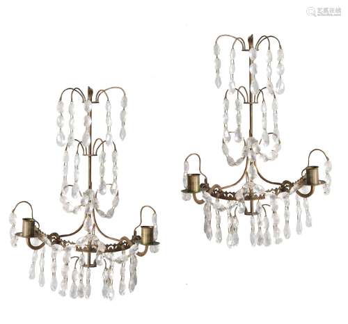 A PAIR OF TWIN LIGHT WALL SCONCES, IN THE SWEDISH MANNER, MI...
