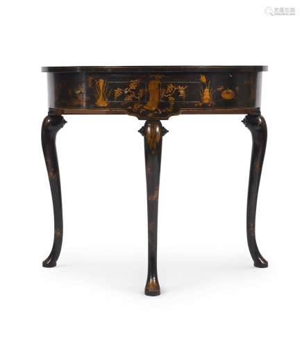 A BLACK JAPANNED AND GILT DECORATED DEMI-LUNE SIDE TABLE, IN...