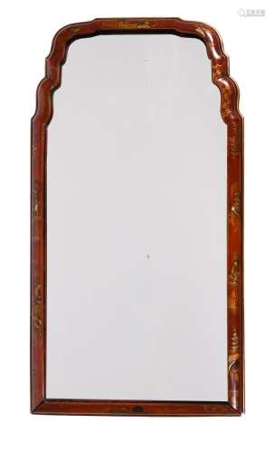 A SCARLET JAPANNED AND GILT DECORATED WALL MIRROR, 18TH CENT...