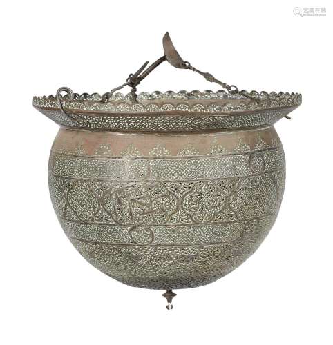 A BRASS PENDANT HANGING SHADE, BENARES OR MOROCCAN, EARLY 20...