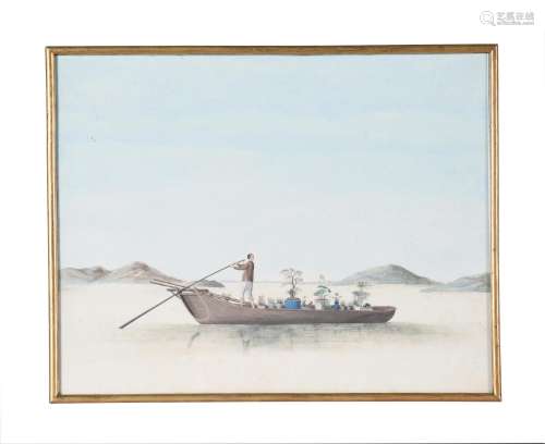 ANGLO CHINESE SCHOOL, A WATERCOLOUR OF A FISHERMAN IN A PUNT...