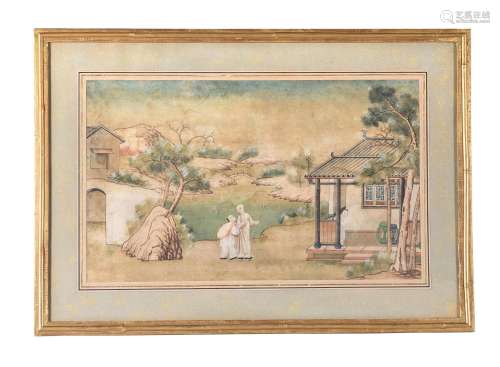 A CHINESE WATERCOLOUR OF FIGURES AND BUILDINGS, 18TH/EARLY 1...