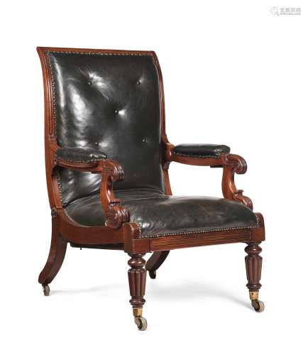 A GEORGE IV MAHOGANY AND LEATHER UPHOLSTERED ADJUSTABLE ARMC...