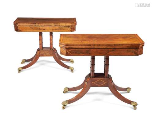 Y A PAIR OF REGENCY ROSEWOOD AND SATINWOOD BANDED CARD TABLE...