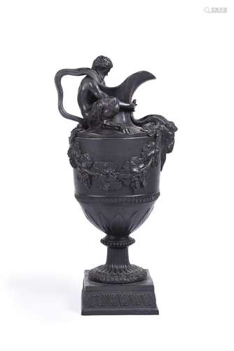 A WEDGWOOD BLACK BASALT WINE EWER AND ASSOCIATED BASE, 19TH ...