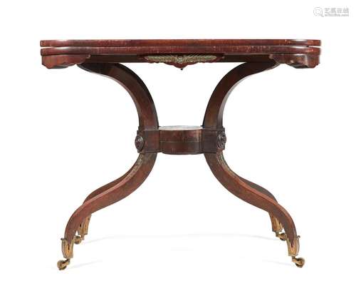 Y A REGENCY ROSEWOOD, CROSSBANDED AND BRASS MOUNTED TEA TABL...