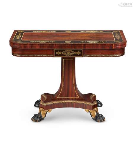 Y A REGENCY ROSEWOOD, EBONY AND BRASS MARQUETRY PEDESTAL CAR...