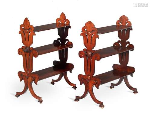 Y A MATCHED PAIR OF GEORGE IV ROSEWOOD THREE-TIER ETAGERES, ...