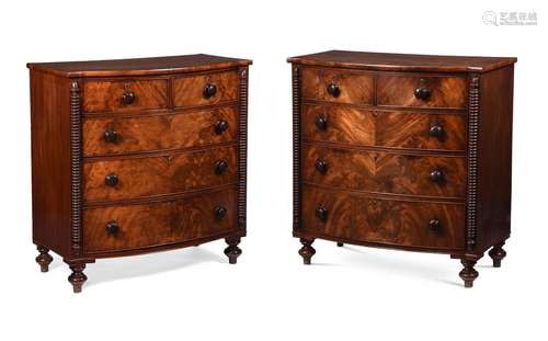 A PAIR OF GEORGE IV FIGURED MAHOGANY CHEST OF DRAWERS, ATTRI...