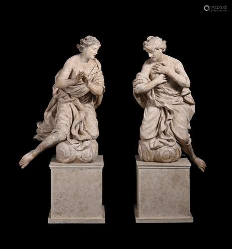 A LARGE PAIR OF ITALIAN CARVED FIGURES OF ANGELS, 18TH CENTU...