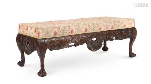 AN IRISH CARVED MAHOGANY AND UPHOLSTERED STOOL, IN MID 18TH ...