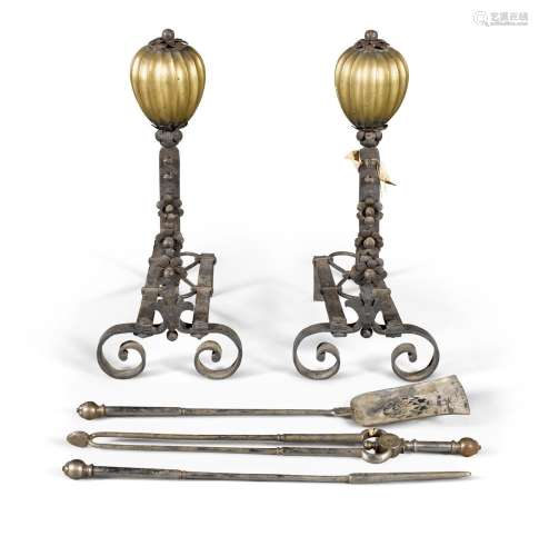 A LARGE PAIR OF WROUGHT IRON AND BRASS ANDIRONS, POSSIBLY J....