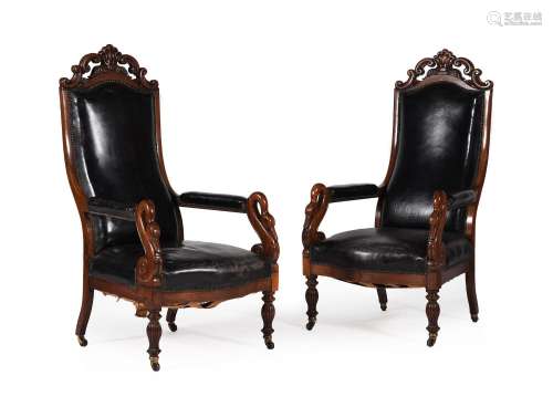 A PAIR OF EARLY VICTORIAN MAHOGANY AND LEATHER OPEN ARMCHAIR...