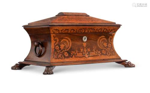 Y A WILLIAM IV ROSEWOOD AND AMBOYNA MARQUETRY TEA CHEST OR C...