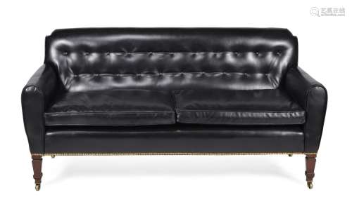 A VICTORIAN MAHOGANY AND BLACK LEATHER UPHOLSTERED SOFA, LAS...
