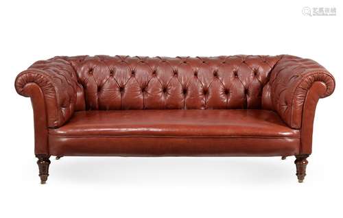 A VICTORIAN WALNUT AND BUTTONED RED LEATHER UPHOLSTERED 'CHE...