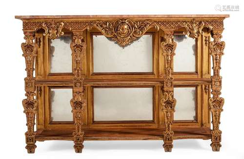 A PAIR OF GILTWOOD AND MARBLE TOPPED MIRRORED CONSOLE TABLES...